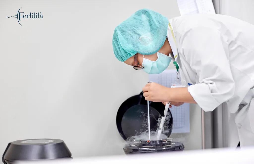 Especialista de laboratorio realiza el proceso de criopreservación de óvulos o embriones utilizando un contenedor de nitrógeno líquido en una clínica de reproducción asistida.