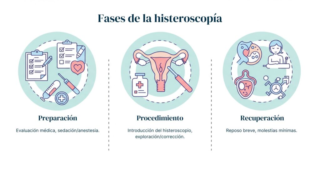 Infografía que muestra las tres fases de la histeroscopia: preparación, procedimiento y recuperación.