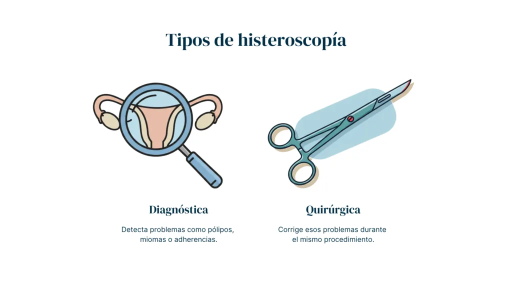 Infografía que compara los dos tipos de histeroscopia: diagnóstica y quirúrgica. La imagen muestra una lupa con un útero para representar la histeroscopia diagnóstica, y unas tijeras quirúrgicas para representar la histeroscopia quirúrgica.