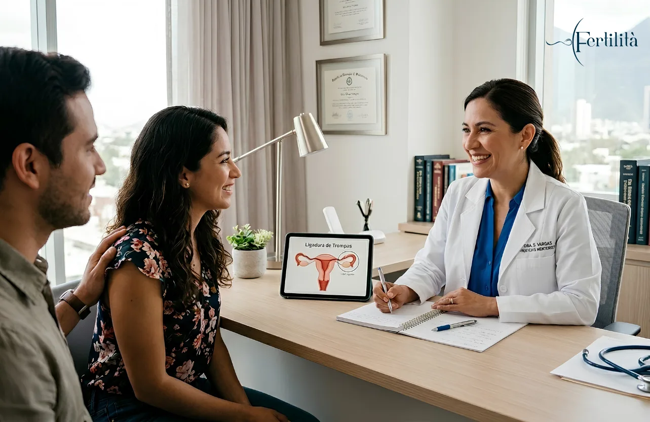 Una pareja en Monterrey asiste a una consulta médica de orientación en la clínica Fertilità, donde una ginecóloga especialista explica las opciones para lograr un embarazo tras una salpingoclasia mostrando un esquema de ligadura de trompas en una tableta.