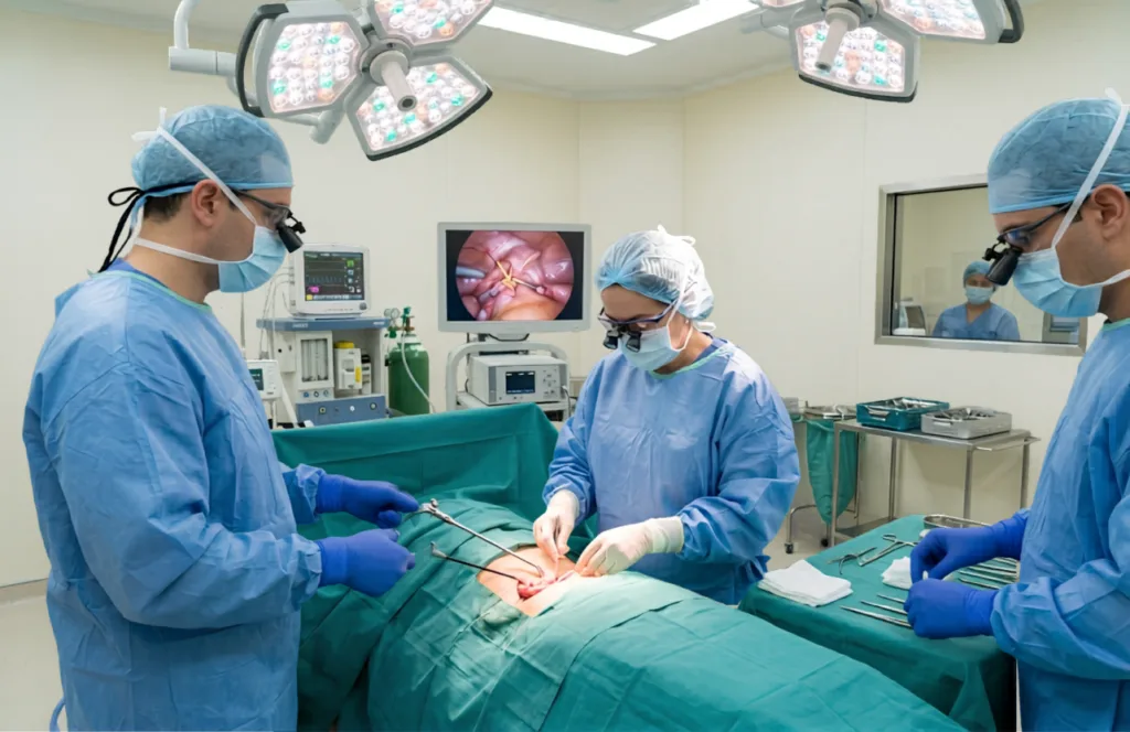 Equipo médico realizando un procedimiento de salpingoclasia o ligadura de trompas en un quirófano con equipo de laparoscopia